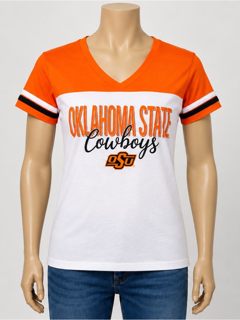 Oklahoma State Cowboys Women's V-Neck Colorblock Tee - Orange/White